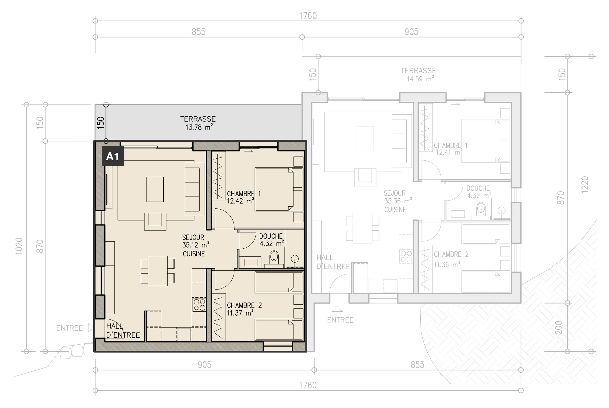 Plan du logement A1, mis en évidence sur son niveau.