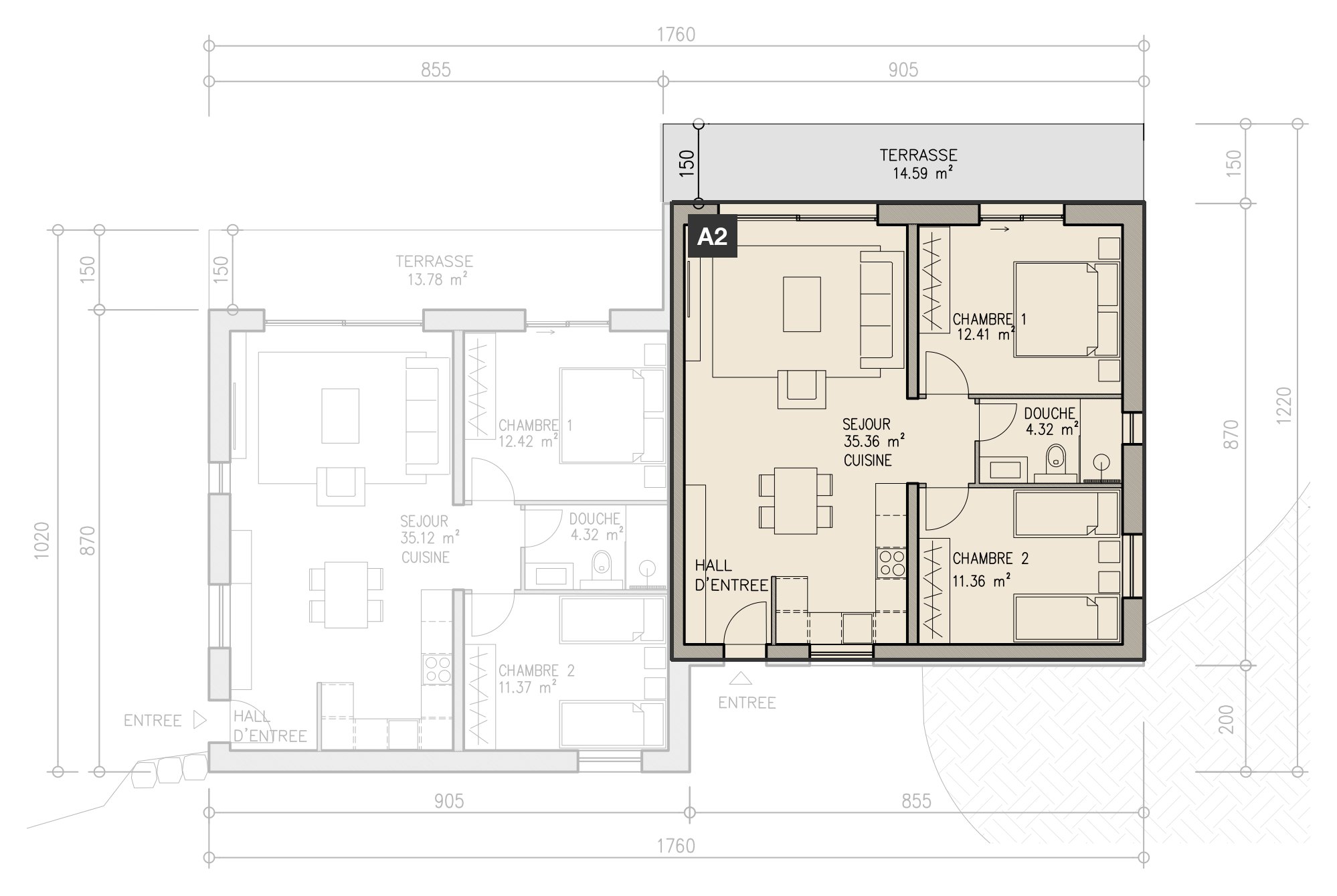 Plan du logement A2, mis en évidence sur son niveau.
