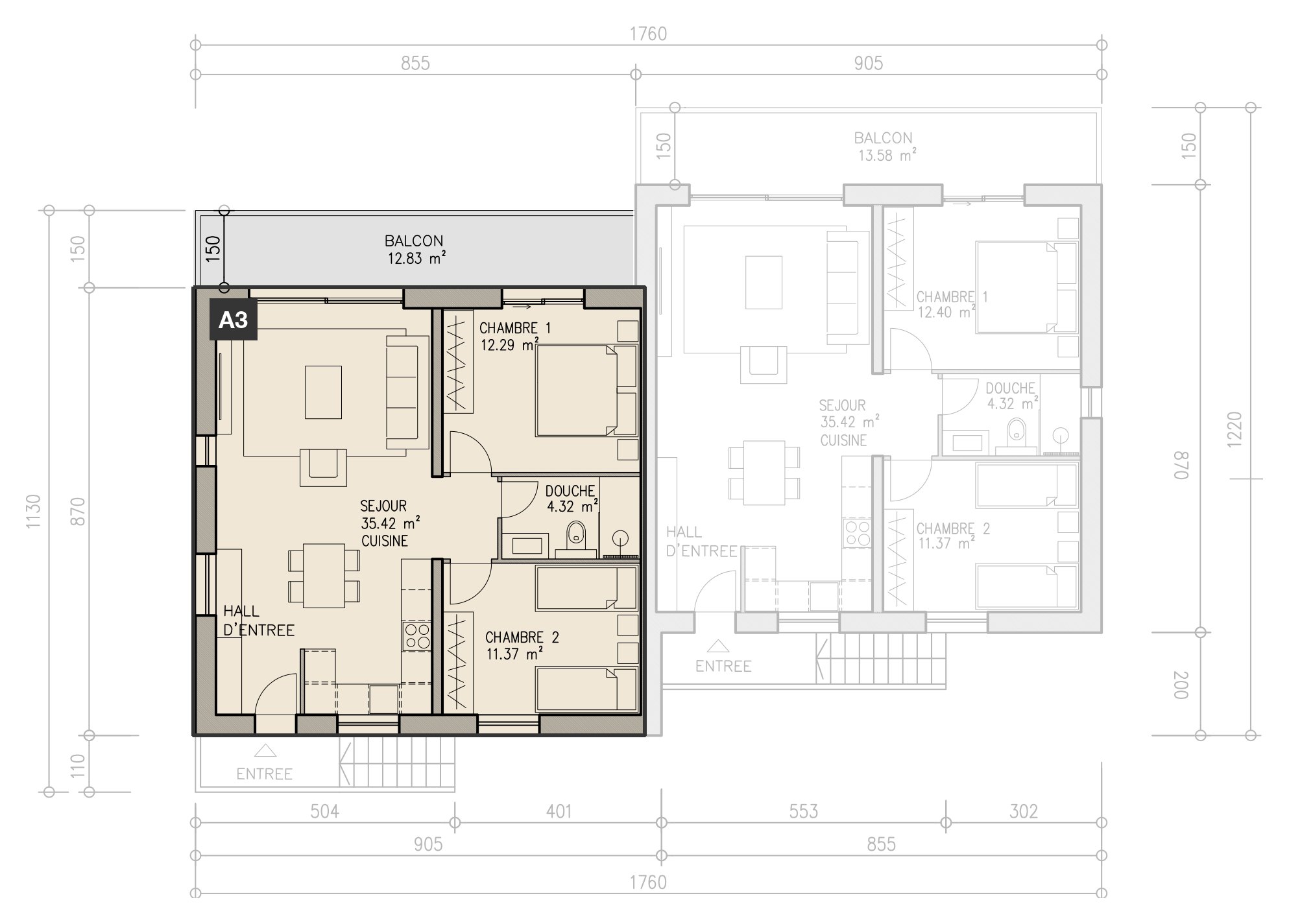 Plan du logement A3, mis en évidence sur son niveau.