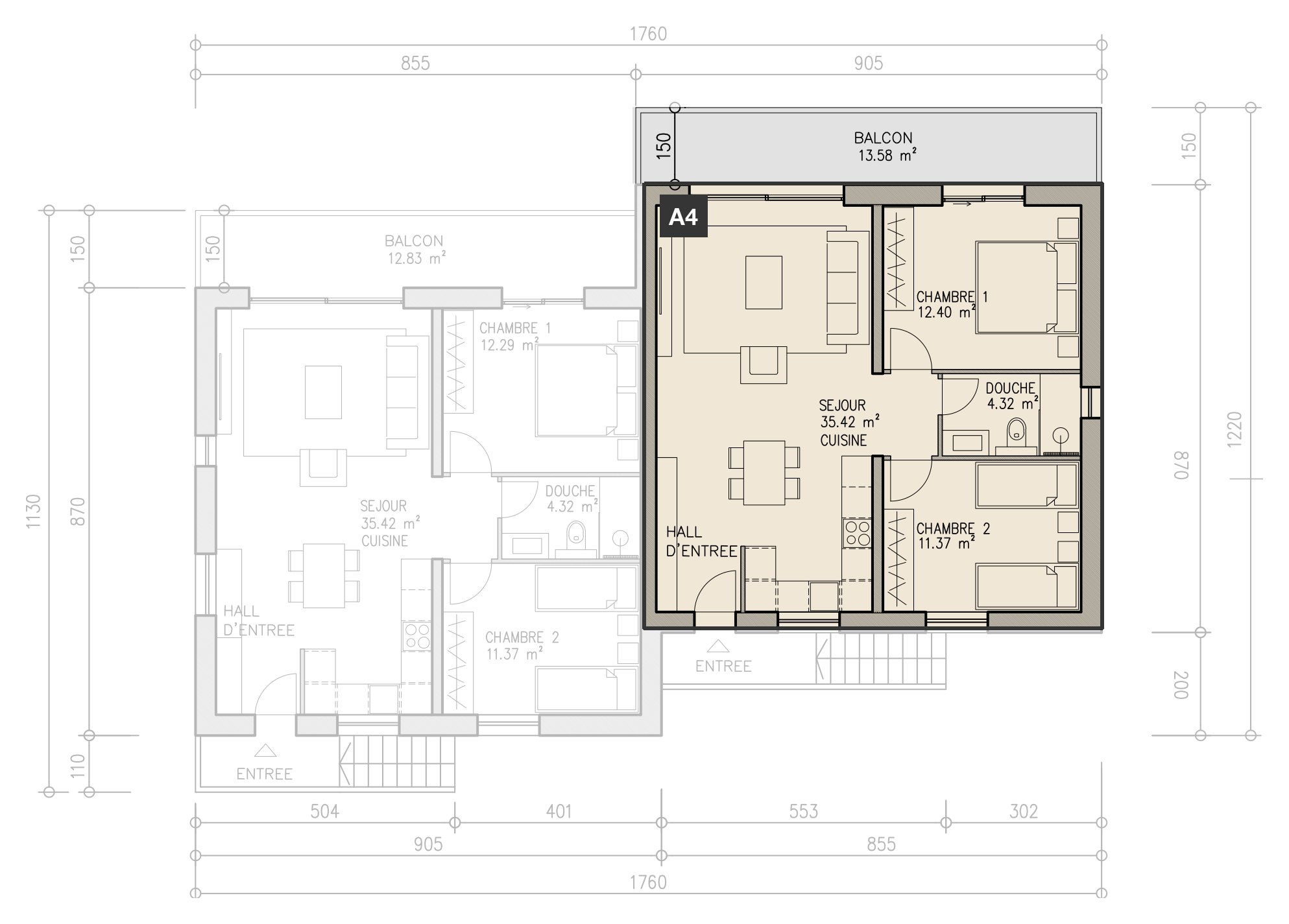 Plan du logement A4, mis en évidence sur son niveau.