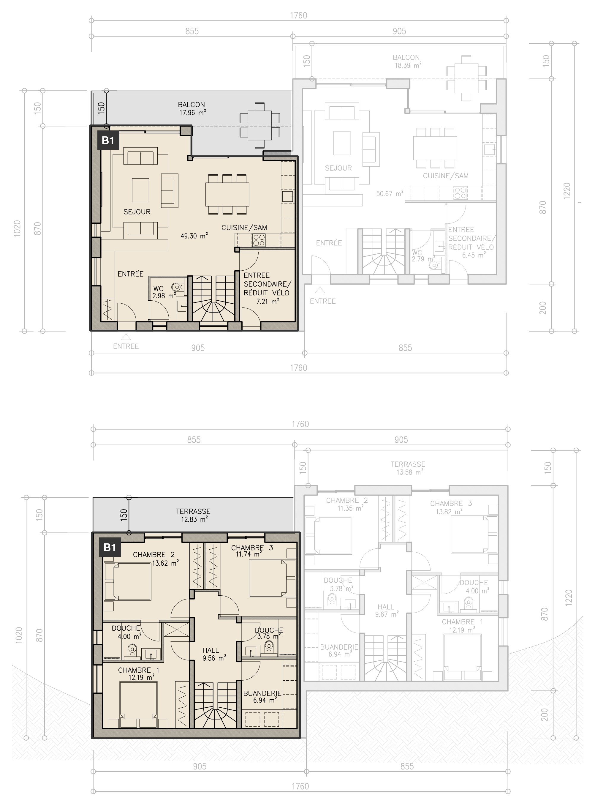 Plan du logement B1, mis en évidence sur son niveau.