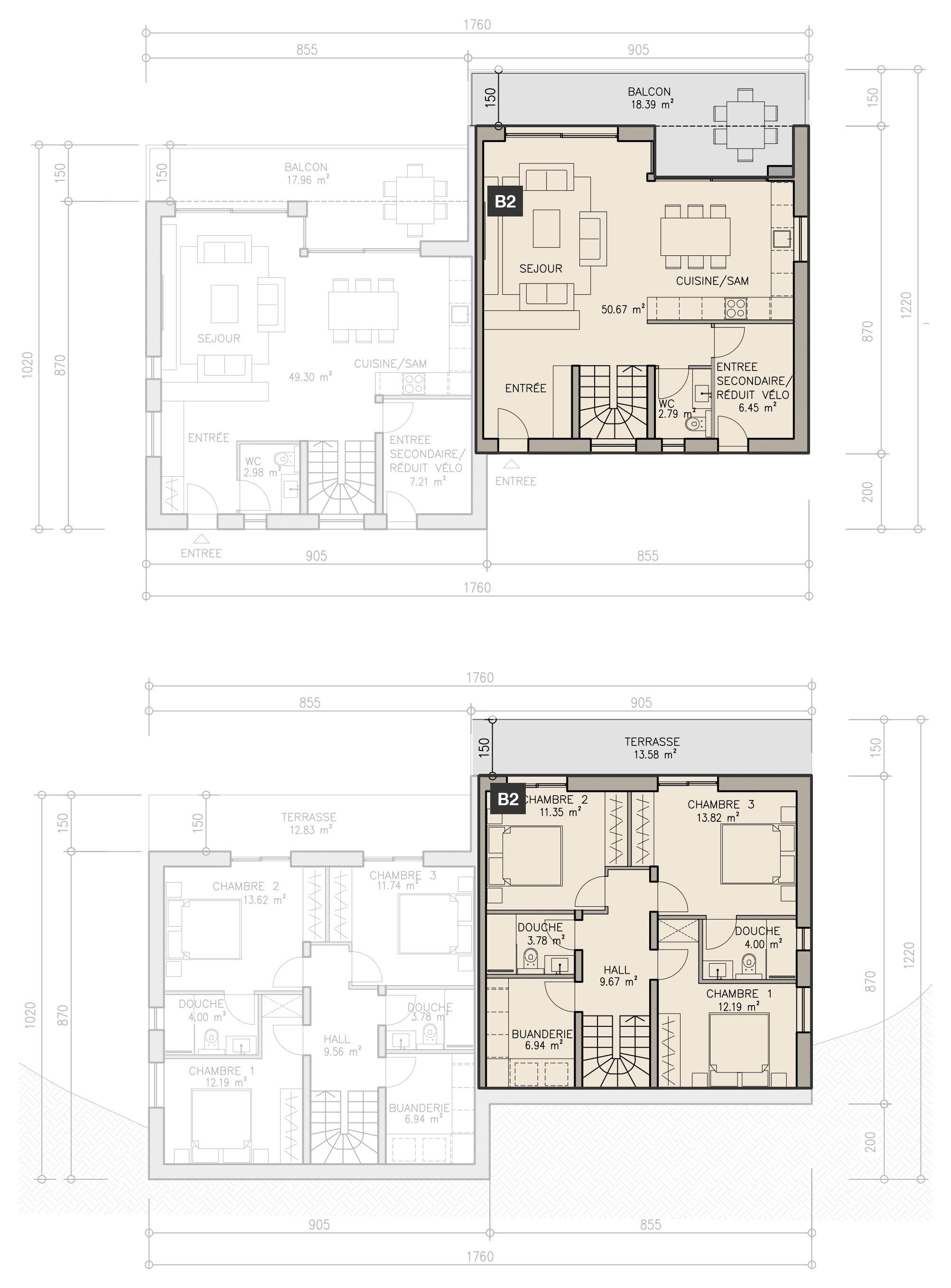 Plan du logement B2, mis en évidence sur son niveau.