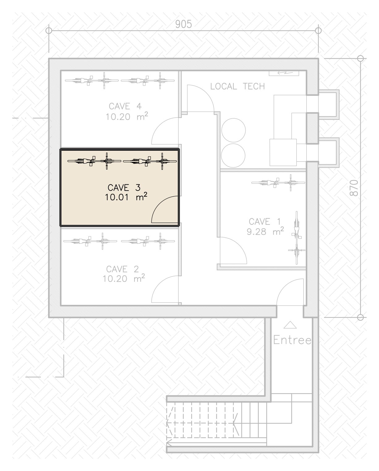 Plan du sous-sol du bâtiment A, cave 3 du logement A1 mise en évidence.