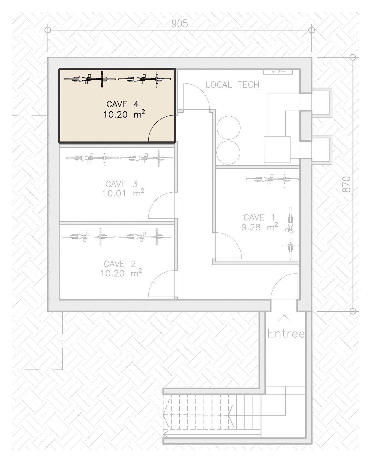 Plan du sous-sol du bâtiment A, cave 4 du logement A2 mise en évidence.