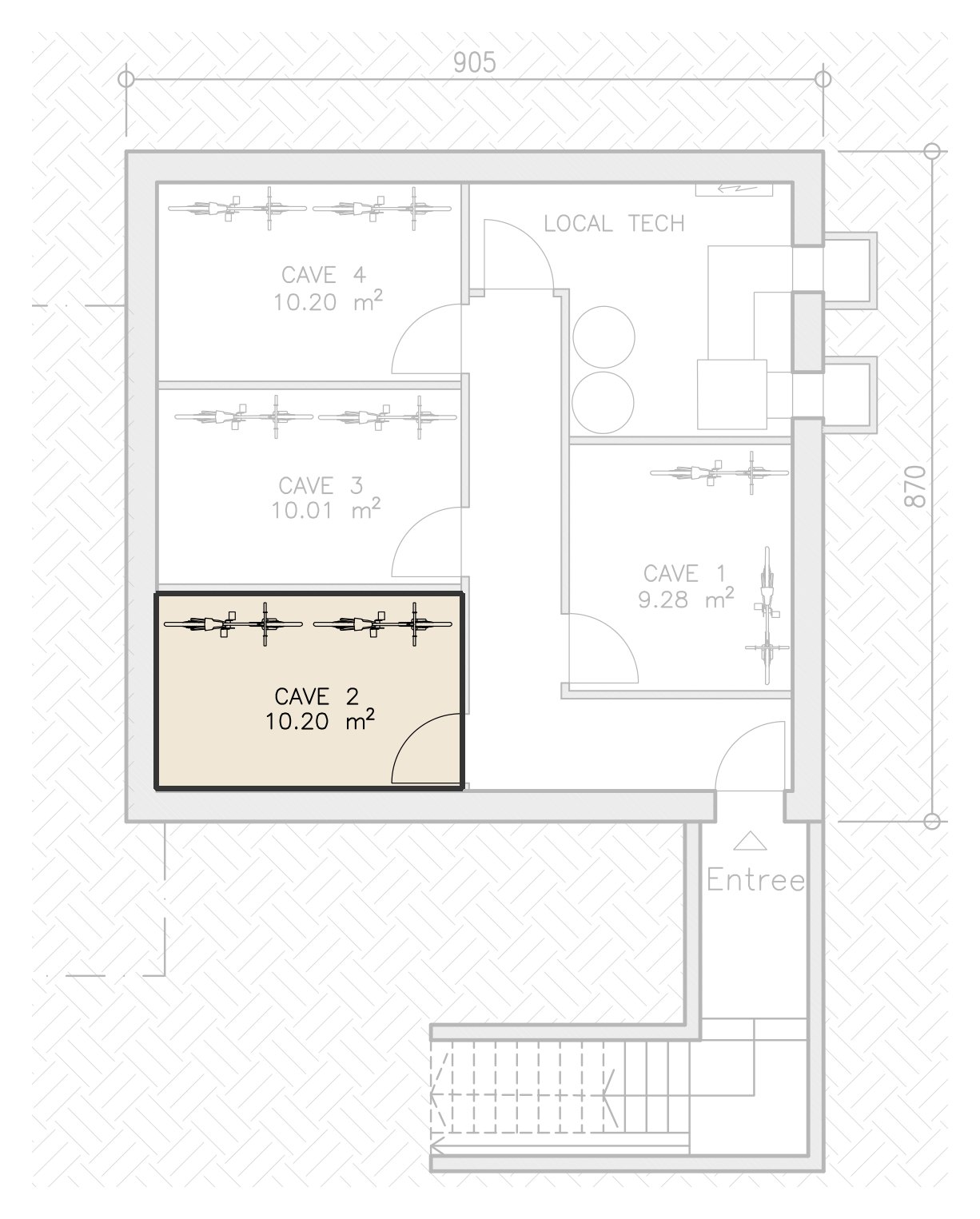 Plan du sous-sol du bâtiment A, cave 2 du logement A3 mise en évidence.