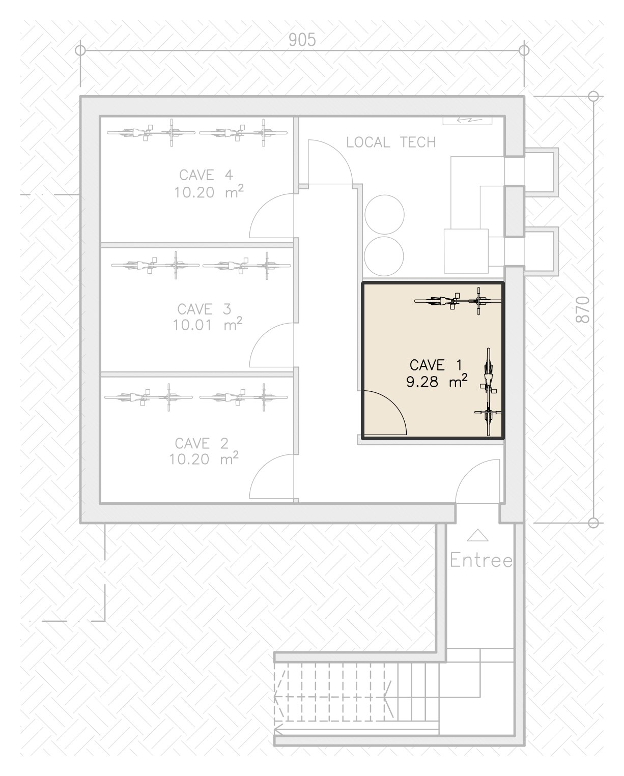 Plan du sous-sol du bâtiment A, cave 1 du logement A4 mise en évidence.