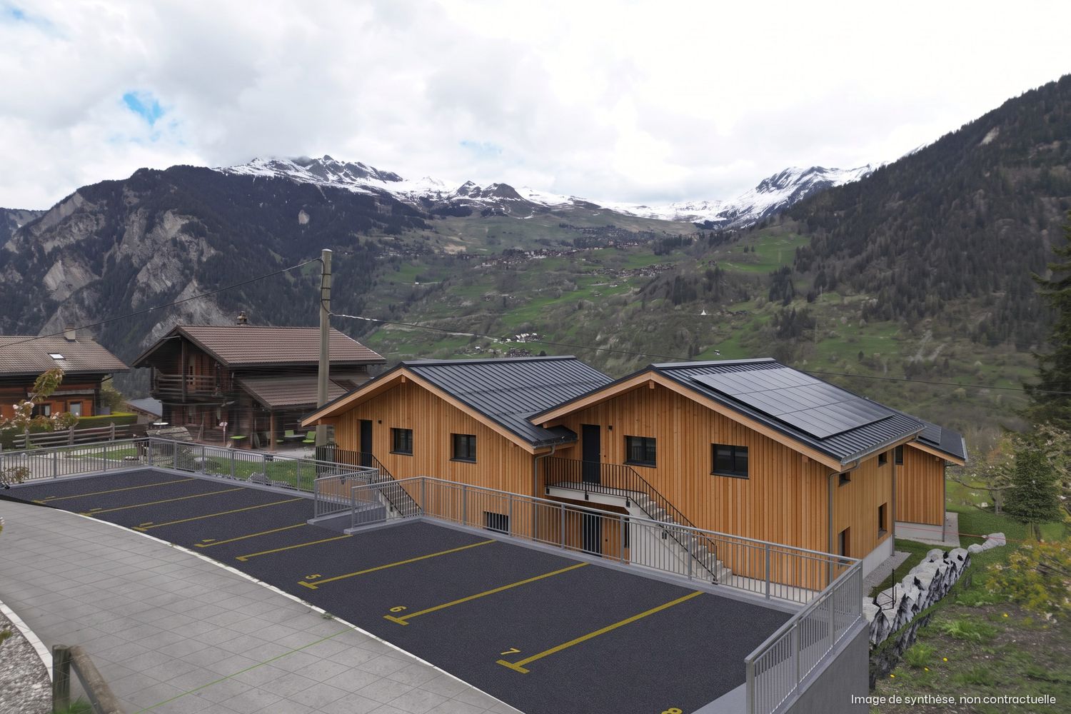 Image de synthèse côté route : places de parc marquées, bâtiment A avec escaliers extérieurs et panneaux solaires, vallée au fond.