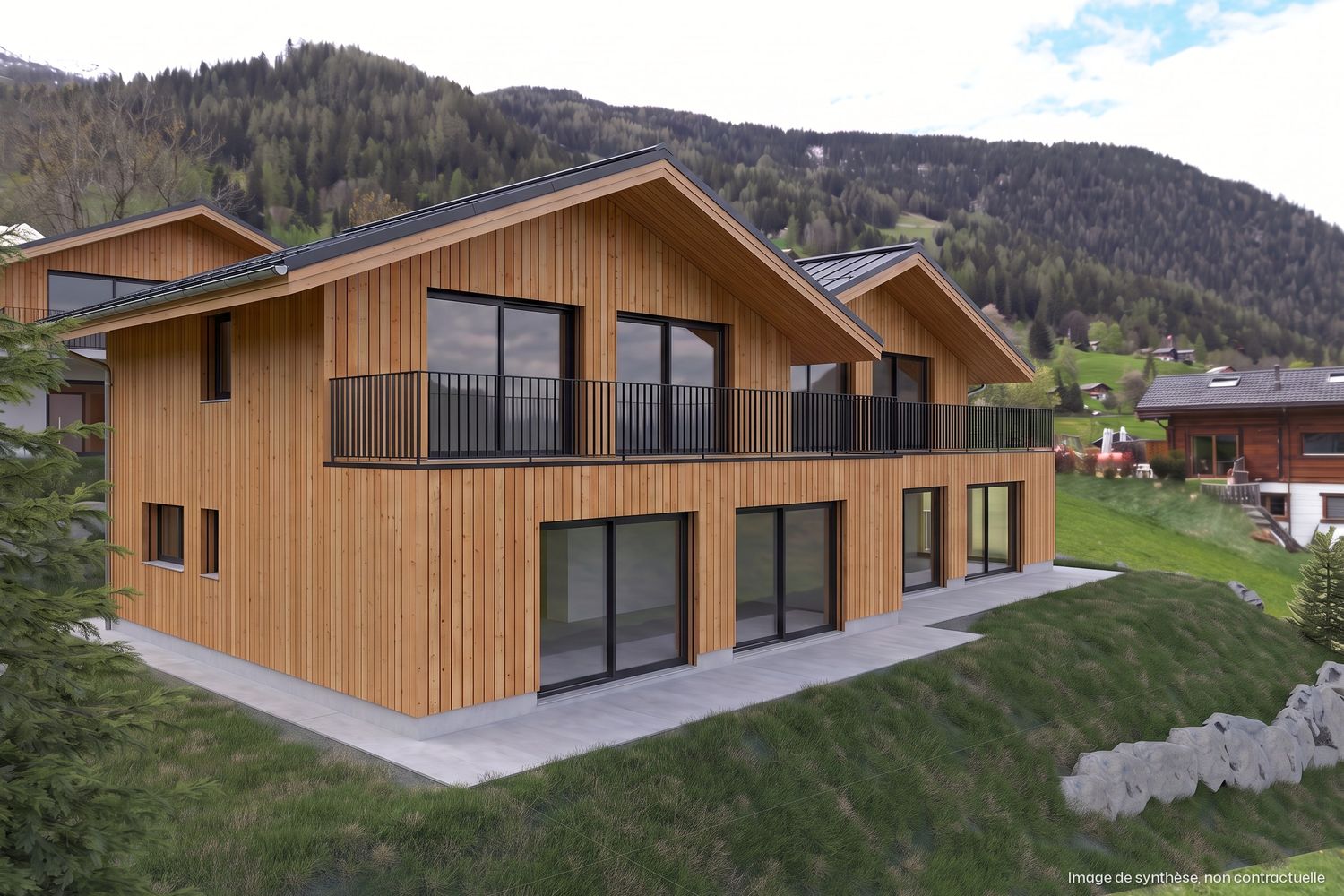 Image de synthèse du bâtiment B : façade en bois vertical, balcon à garde-corps noir, grandes baies vitrées et terrasses au rez inférieur.