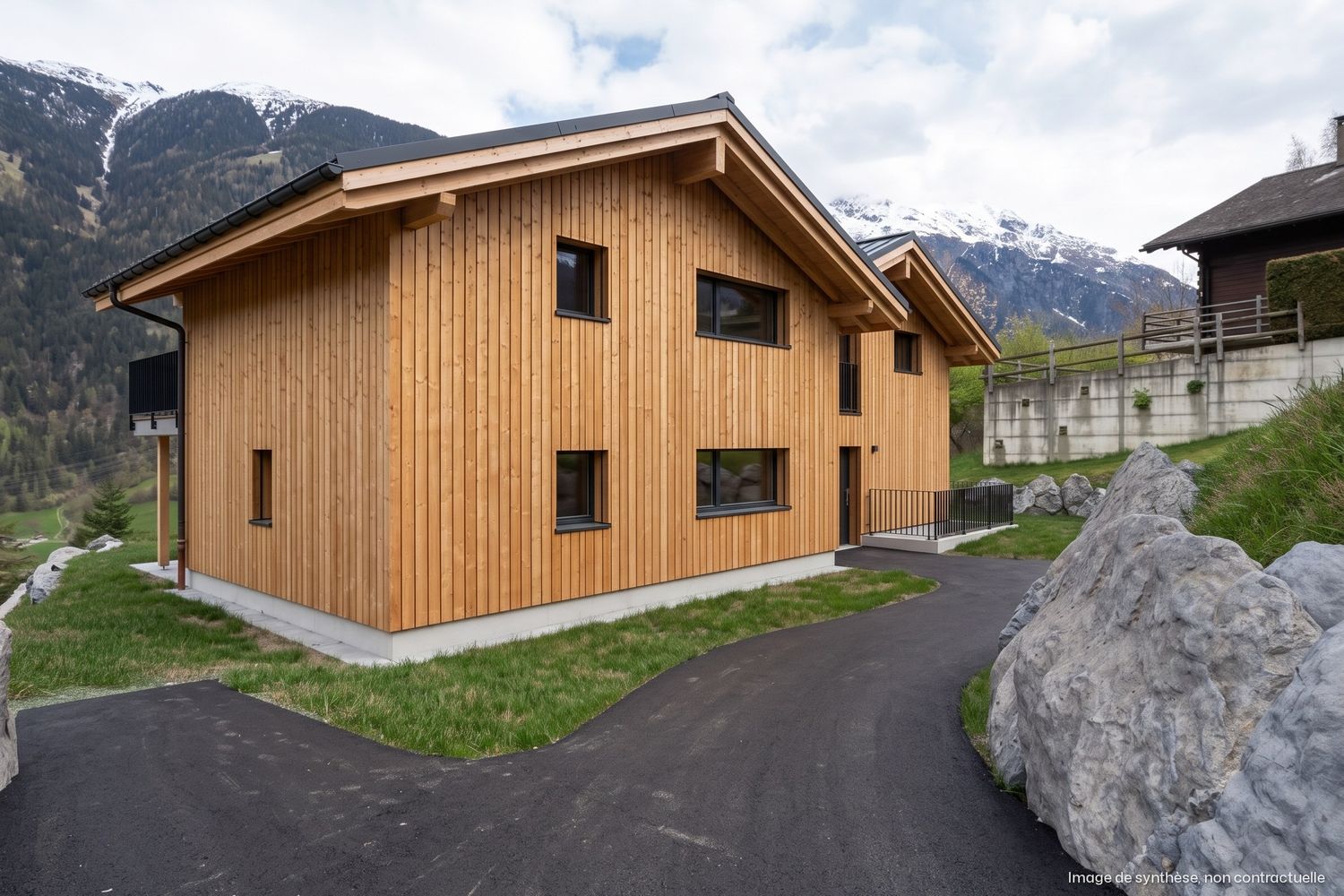 Image de synthèse : chemin goudronné le long de la façade ouest du bâtiment A, gros blocs de rocher, montagnes au fond.