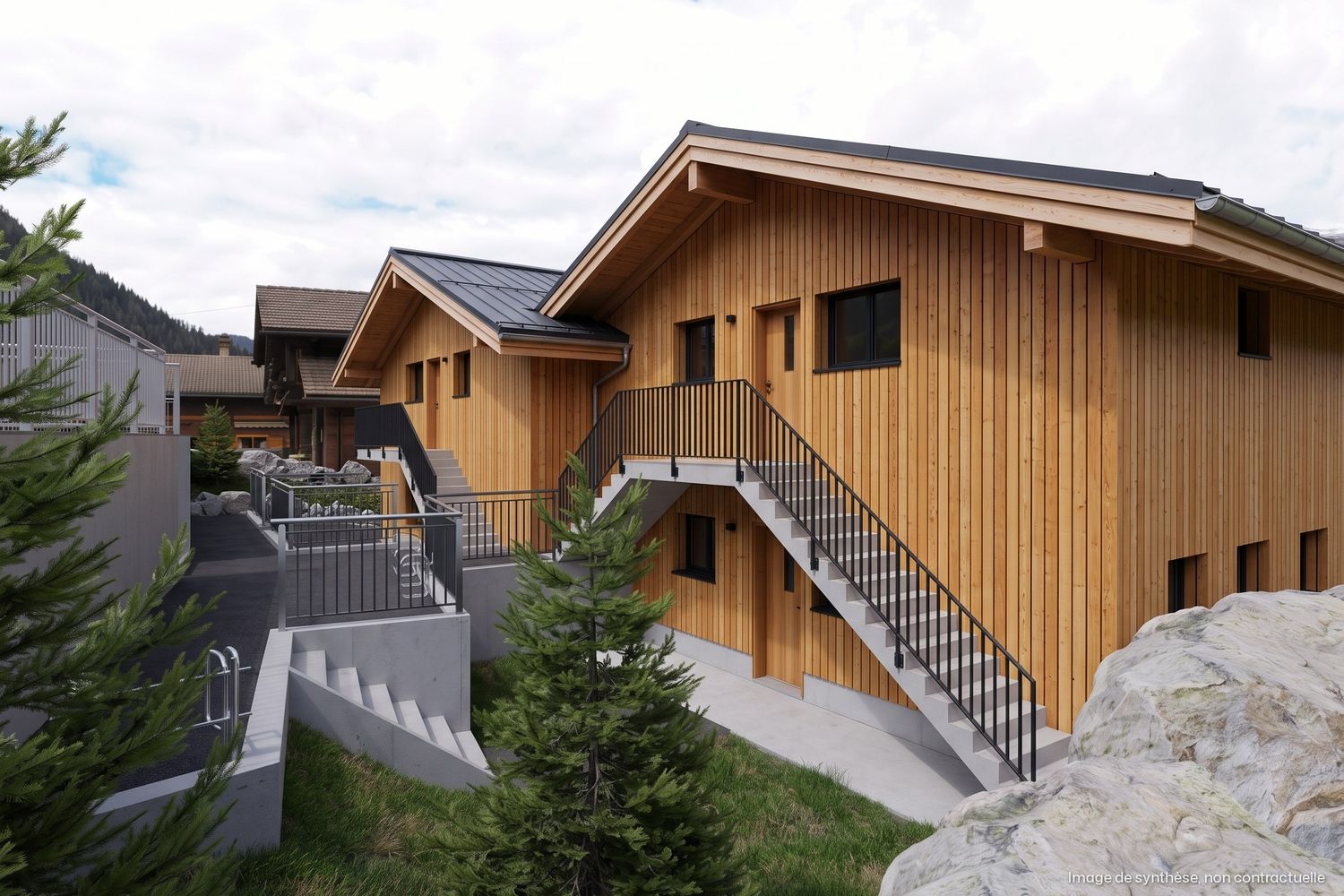 Image de synthèse : escalier extérieur métallique et entrées du bâtiment A, façade en bois, murets en béton.