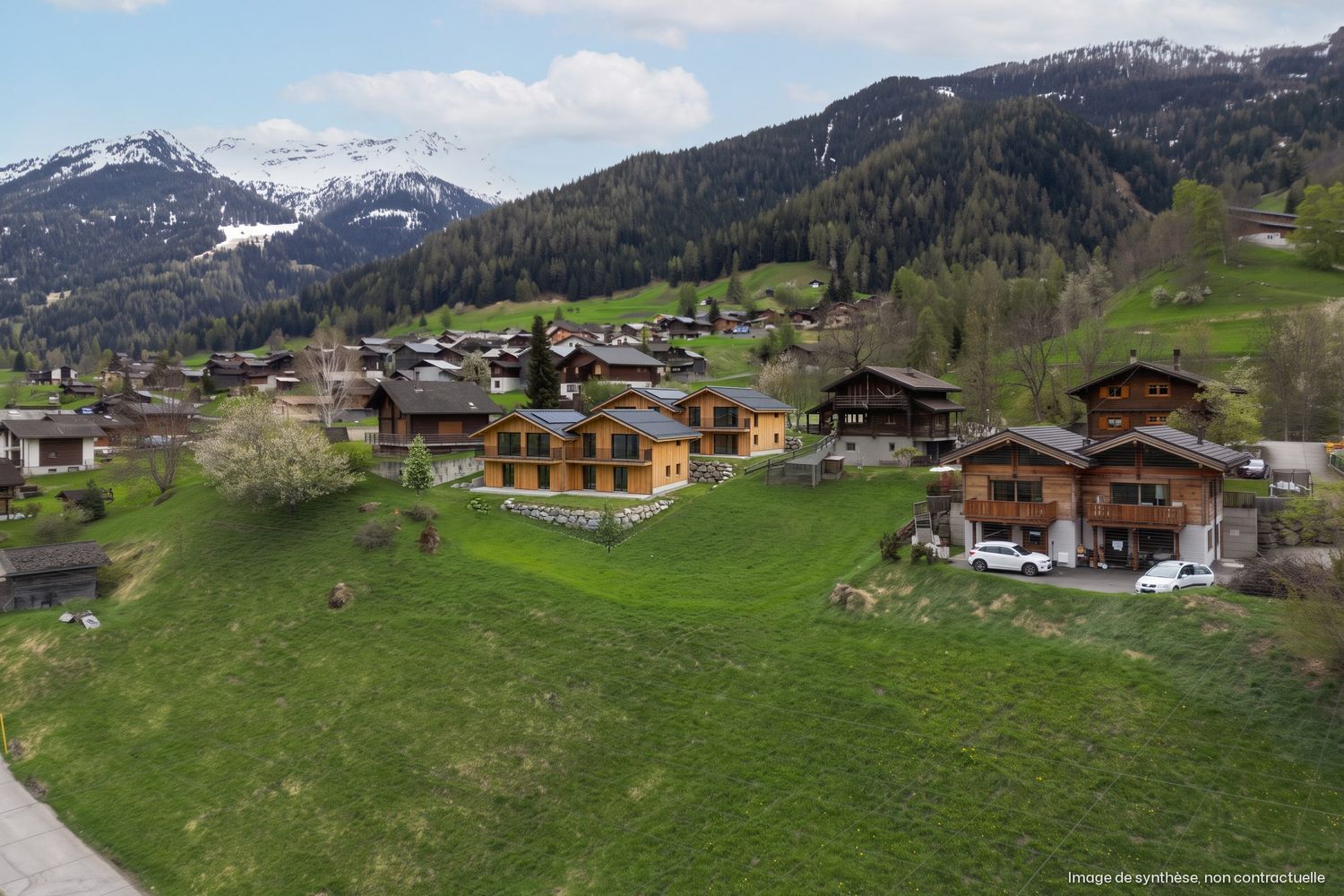 Image de synthèse vue du ciel : les deux chalets des Dziles parmi les chalets de Bruson, prés et forêts, sommets enneigés au fond.