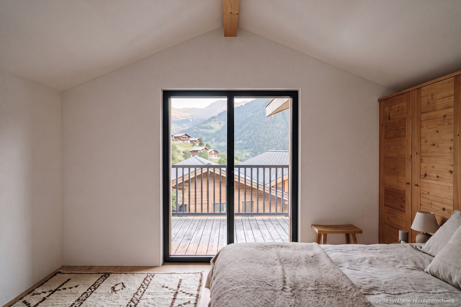 Image de synthèse intérieure : chambre sous plafond en pente, armoire en bois, porte-fenêtre sur le balcon et la vallée.