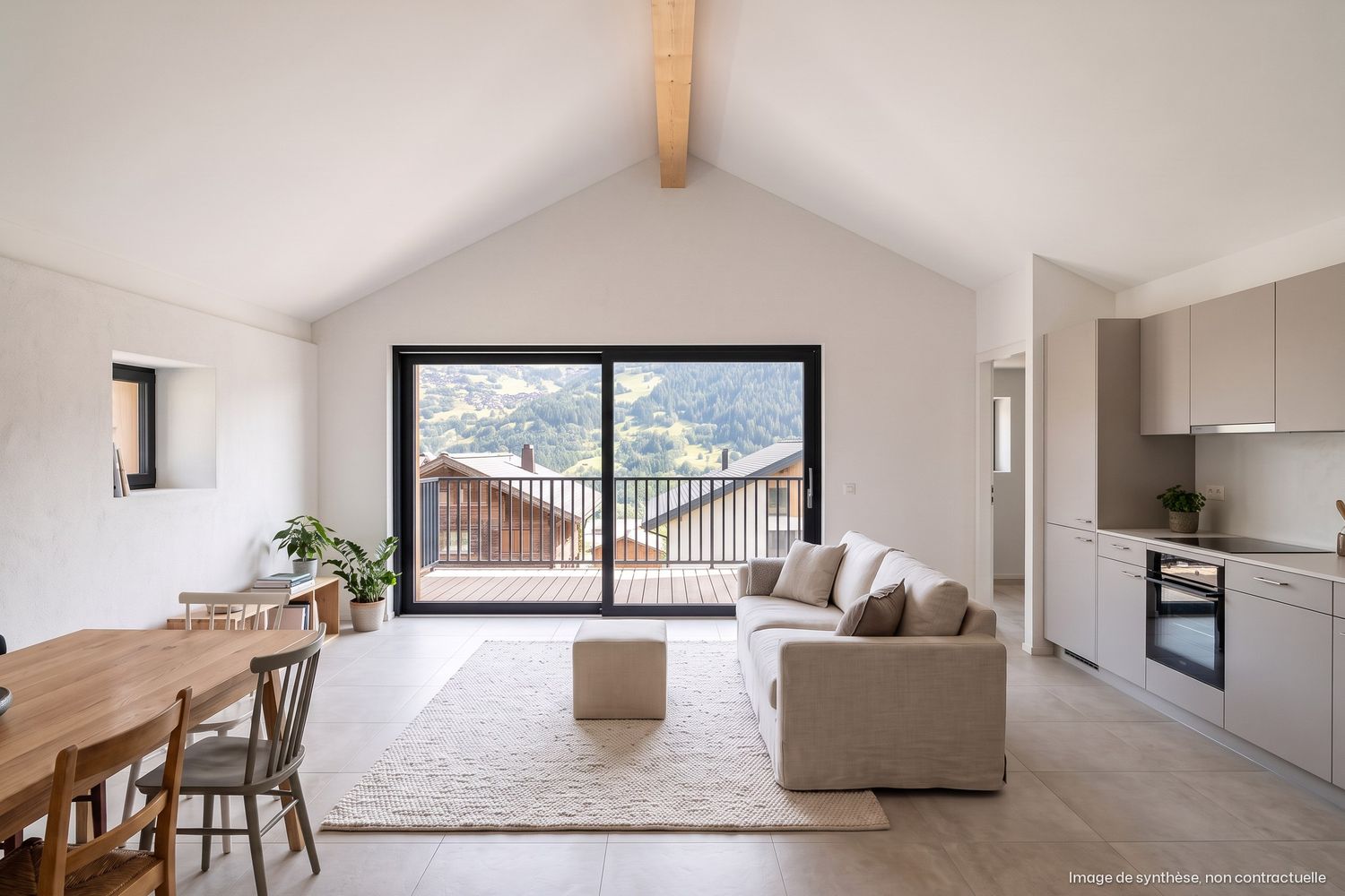 Image de synthèse intérieure : séjour sous plafond en pente avec poutre apparente, cuisine claire, baie vitrée sur le balcon.