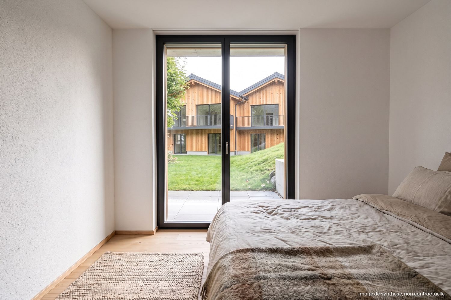 Image de synthèse intérieure : chambre avec lit double, parquet clair et porte-fenêtre sur le jardin.
