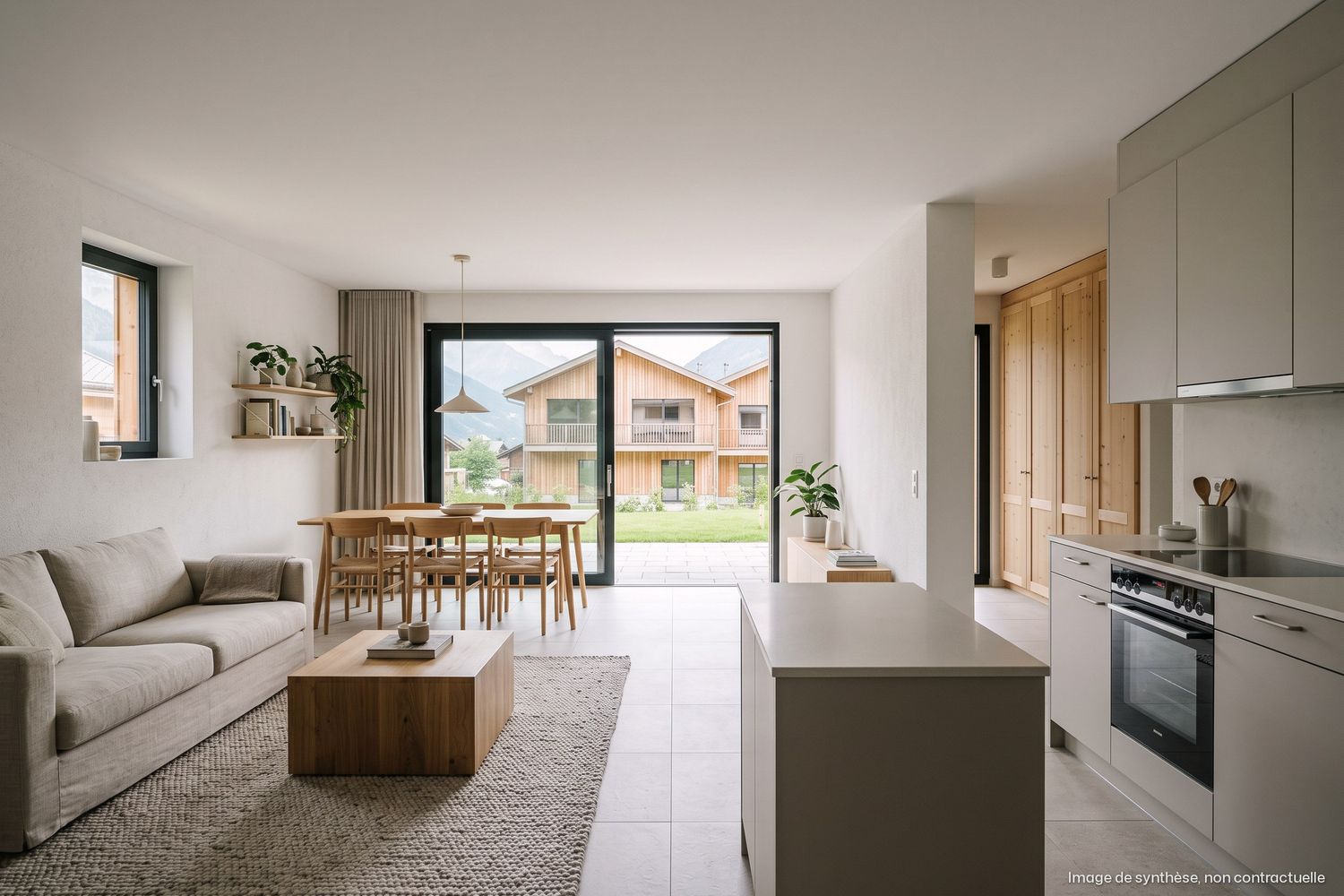 Image de synthèse intérieure : séjour avec canapé, table en bois, cuisine claire et porte-fenêtre ouverte sur le jardin.