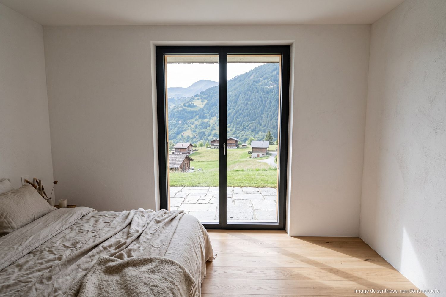 Image de synthèse intérieure : chambre avec lit, parquet et porte-fenêtre sur la terrasse et les prés.