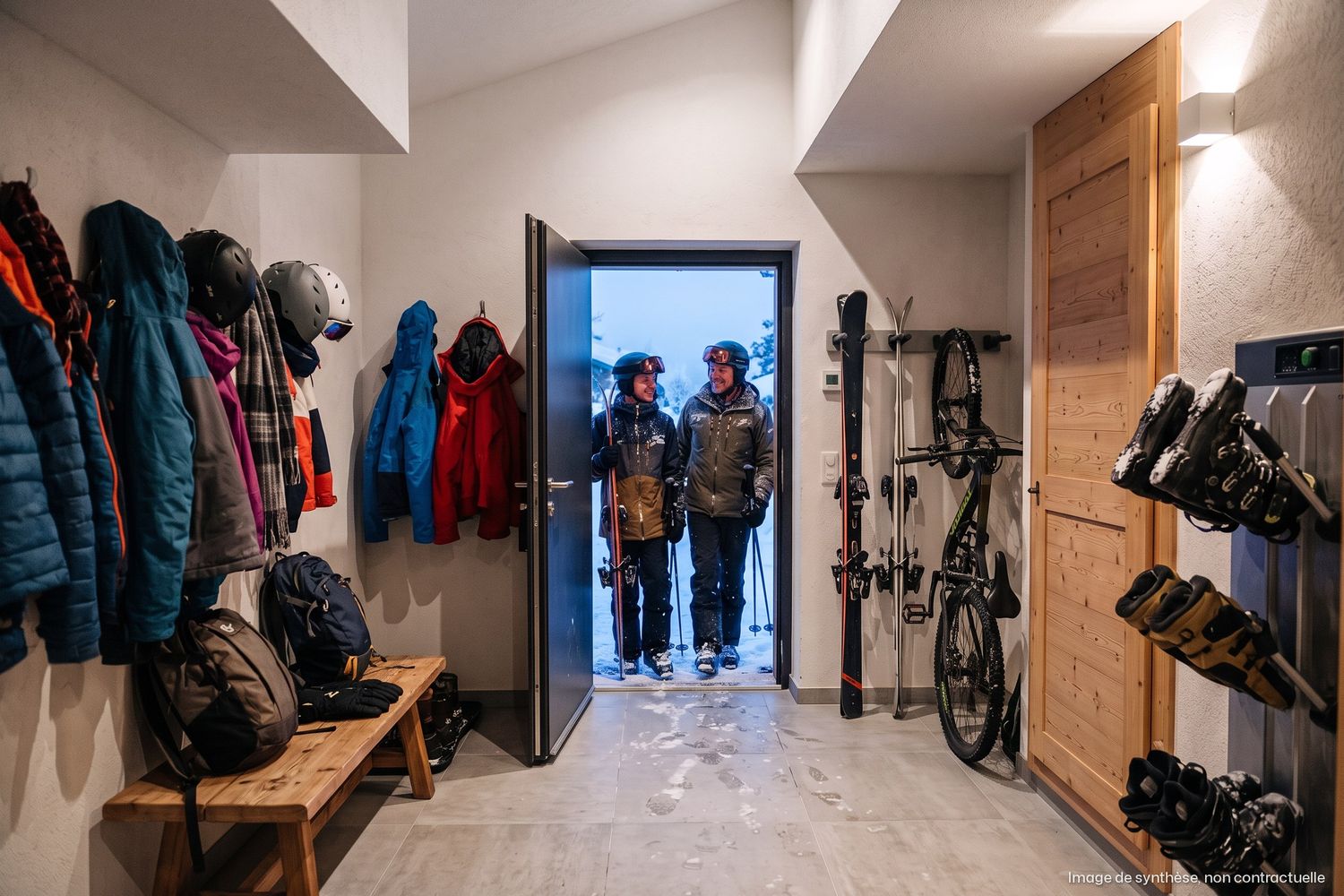 Image de synthèse intérieure : entrée avec vestiaire, skis, vélo et chaussures, deux skieurs à la porte.