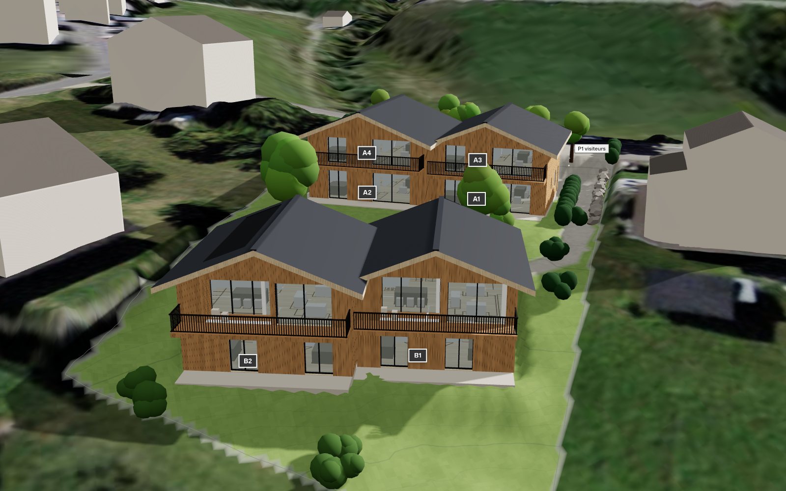 Maquette 3D des Dziles vue du jardin : les deux bâtiments en bois dans la pente, repères A1 à A4 et B1, B2 sur les façades.