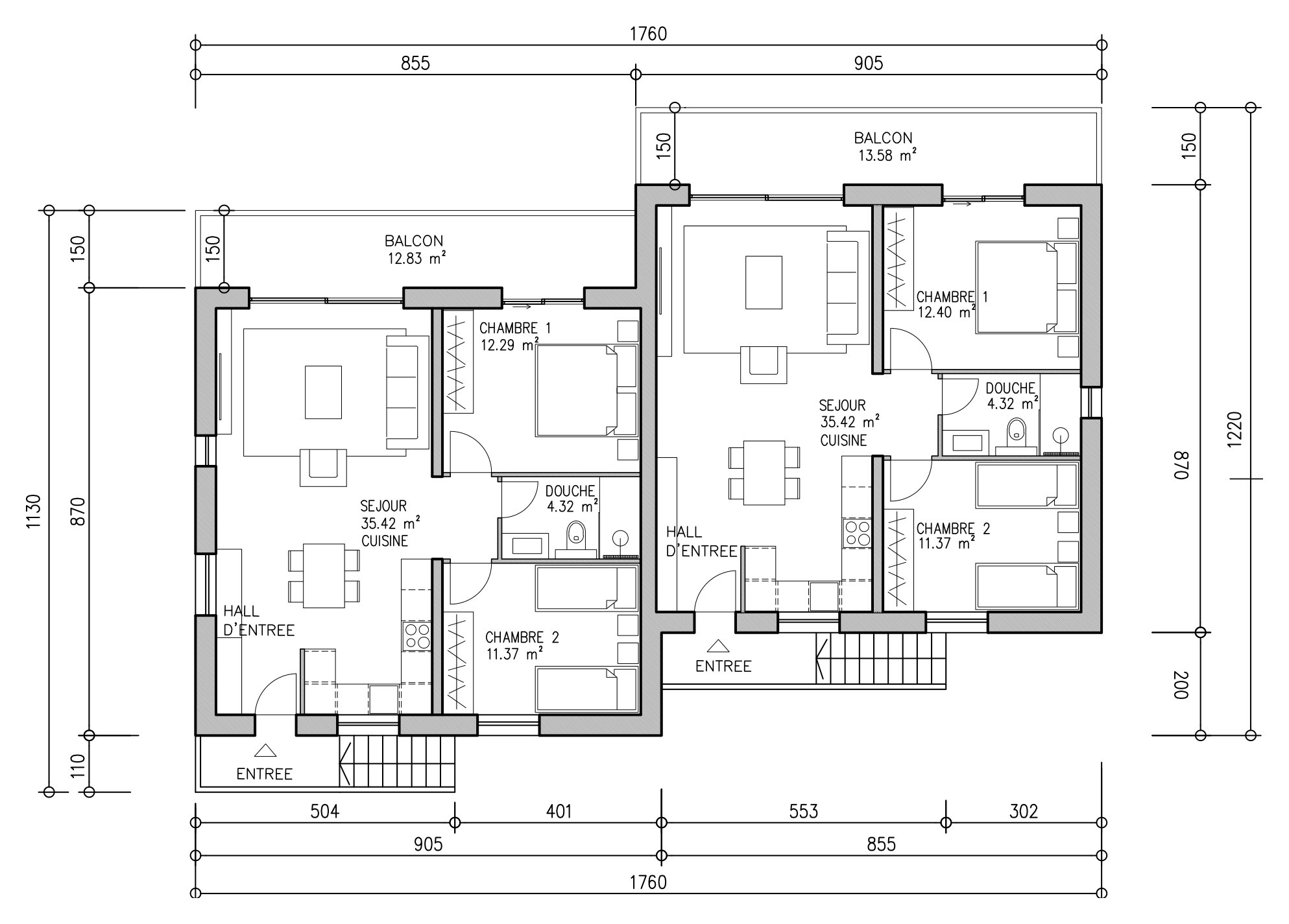 Plan de l'étage du bâtiment A : deux appartements de 3½ pièces avec balcon et escaliers d'entrée.