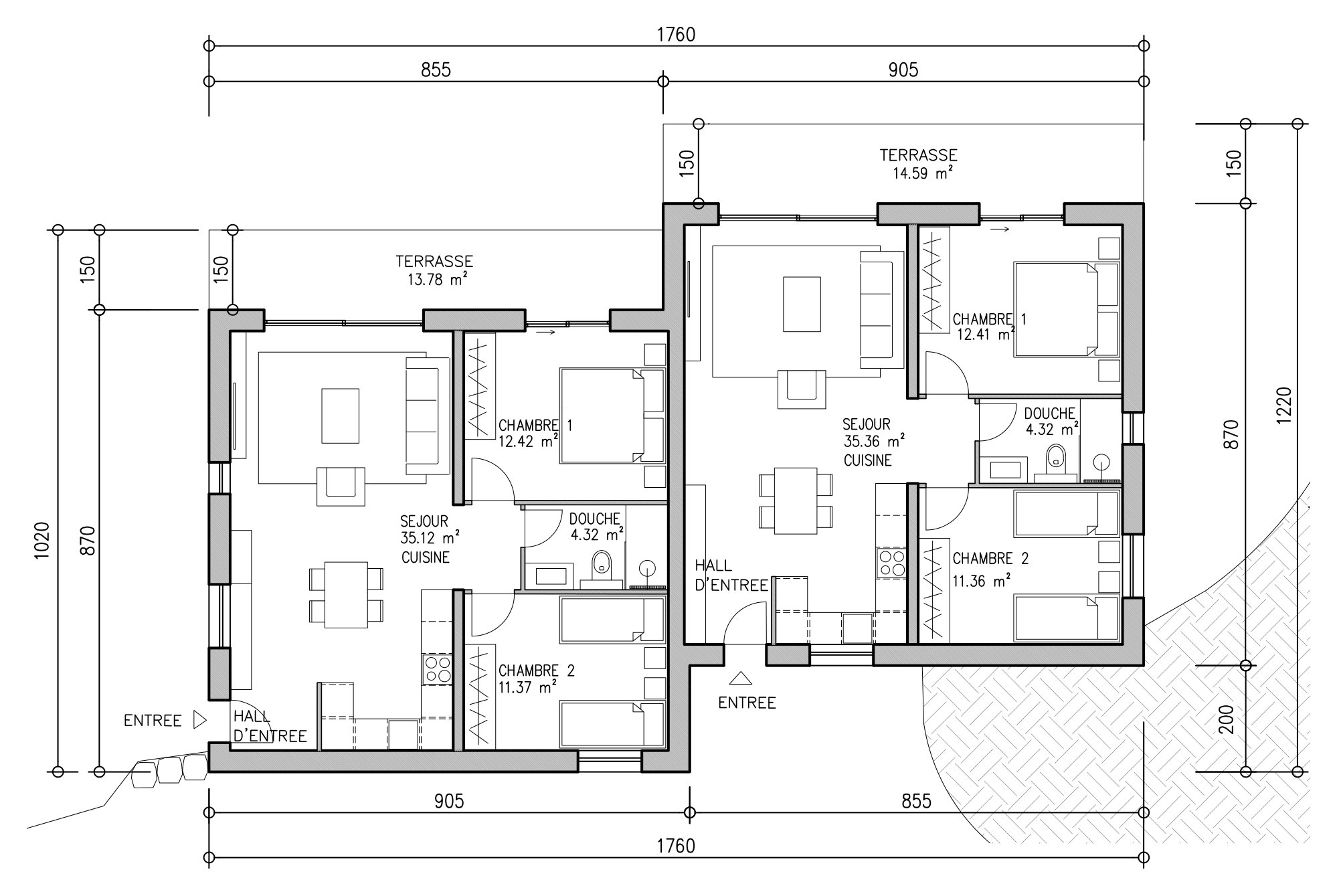 Plan du rez du bâtiment A : deux appartements de 3½ pièces avec terrasse, cotes et surfaces des pièces.