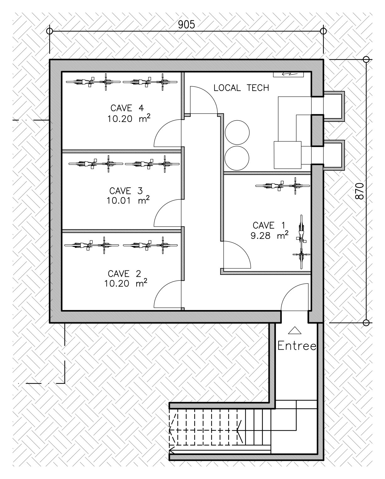 Plan du sous-sol du bâtiment A : caves 1 à 4, local technique et entrée.