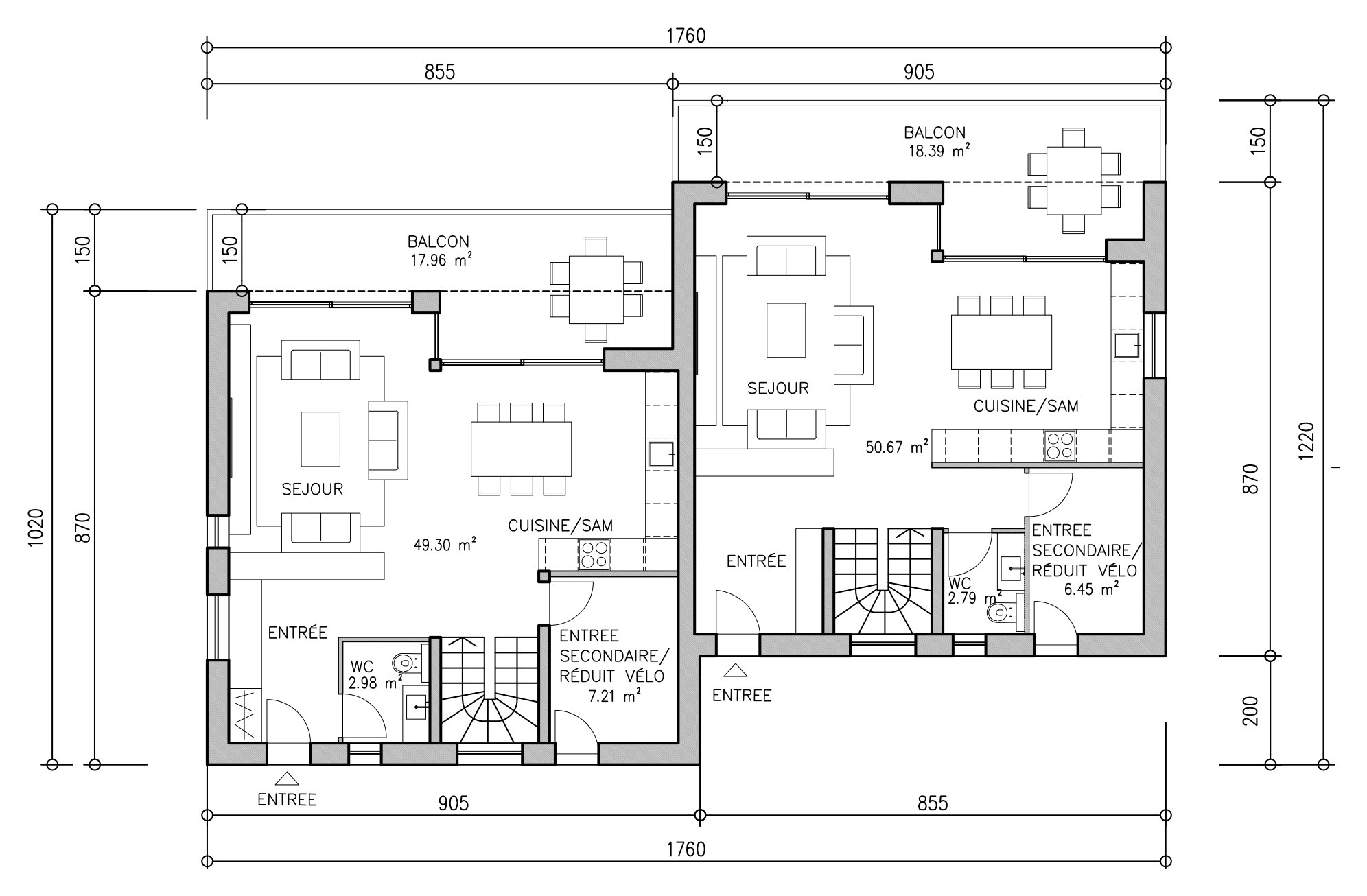 Plan du rez-de-chaussée du bâtiment B : séjours, cuisines, balcons, WC et entrées secondaires des deux duplex.