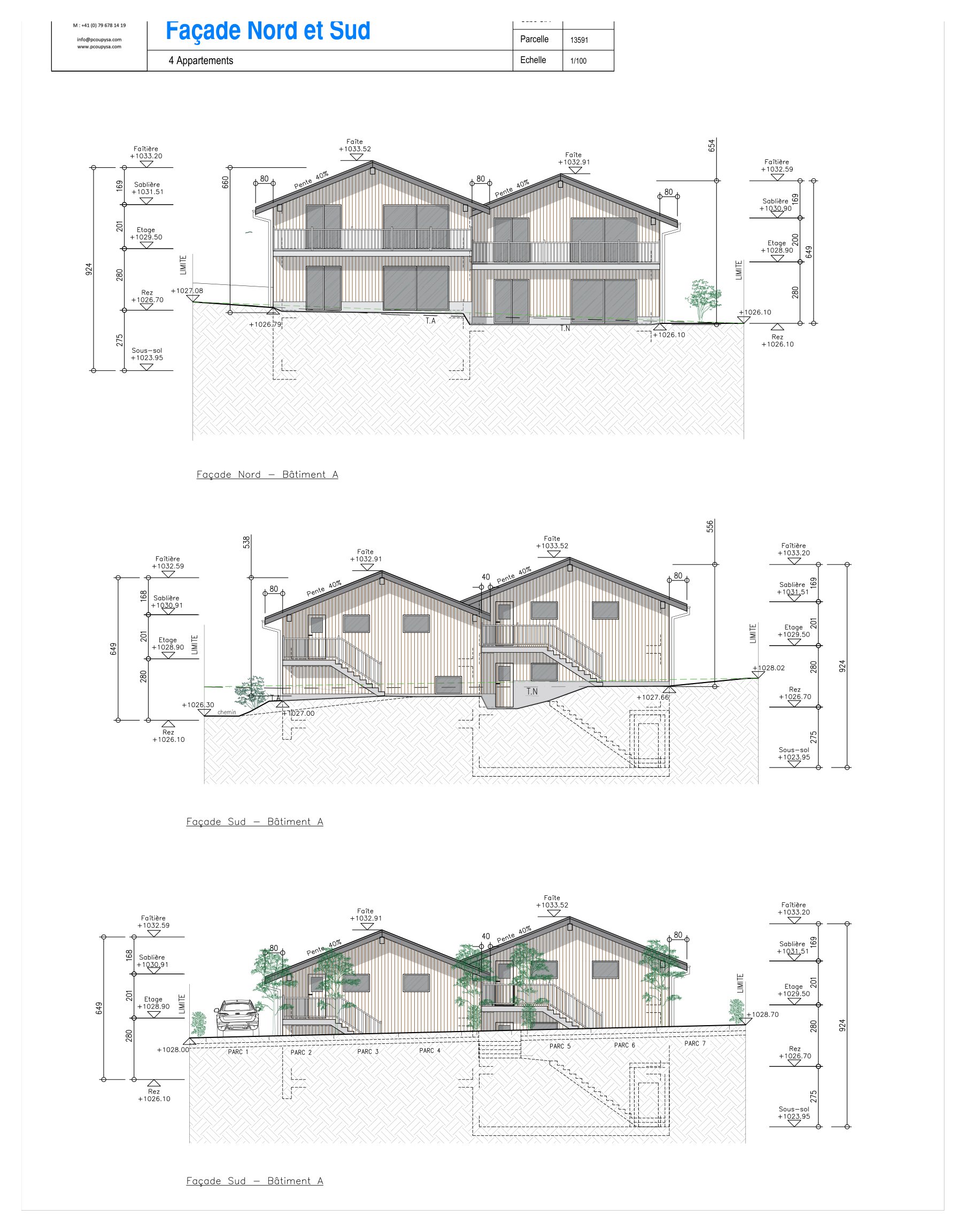 Façades nord et sud du bâtiment A : bardage bois, balcons, escaliers extérieurs et terrain.