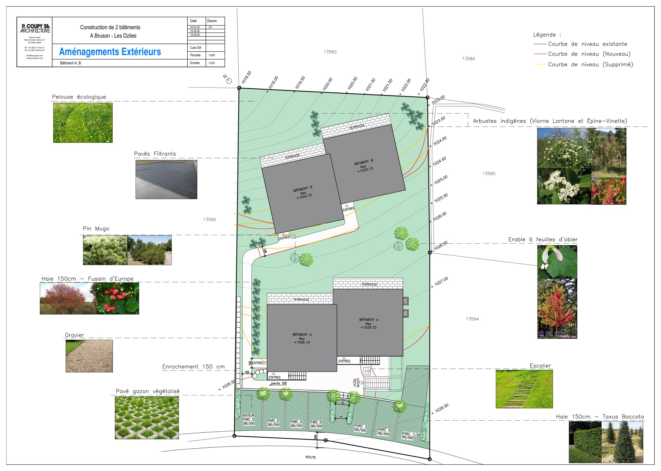 Plan des aménagements extérieurs : les deux bâtiments dans la pente, le chemin d'accès, huit places de parc le long de la route, plantations.